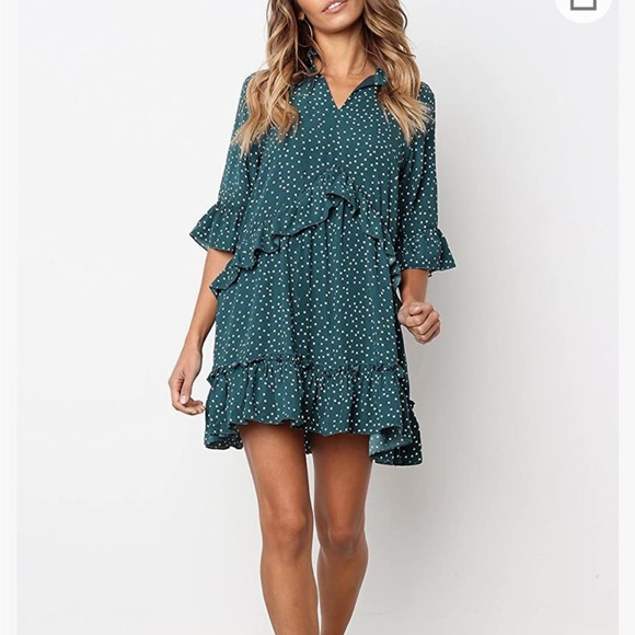 V Neck Ruffle Polka Dot Pocket Short Dress dark green (medium) - Picture 3 of 8